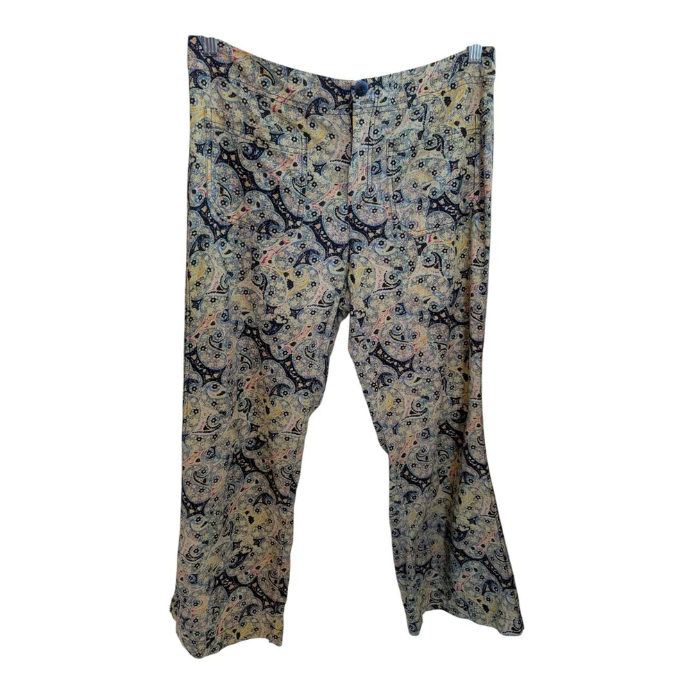 Free People Maui Paisley Cropped Flare Pants Cotton Blue Green Size 8